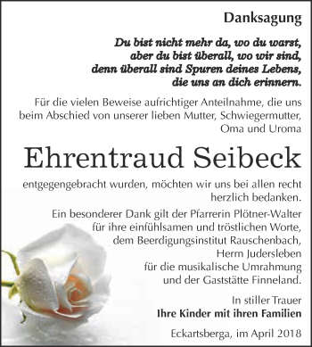 Traueranzeige von Ehrentraud Seibeck von WVG - Wochenspiegel NMB / WSF / ZTZ