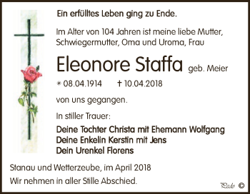 Traueranzeige von Eleonore Staffa von Super Sonntag Zeitz