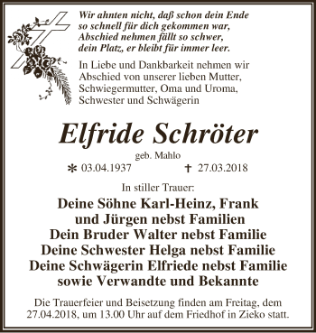 Traueranzeige von Elfride Schröter von WVG - Wochenspiegel Dessau / Köthen