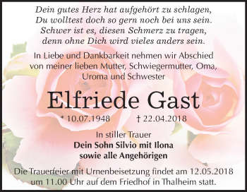 Traueranzeige von Elfriede Gast von Mitteldeutsche Zeitung Bitterfeld