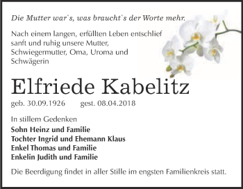 Traueranzeige von Elfriede Kabelftz von WVG - Wochenspiegel Wittenberg