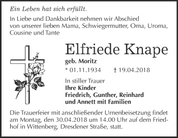 Traueranzeige von Elfriede Knape von Super Sonntag Wittenberg