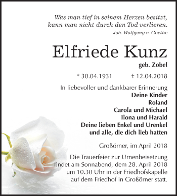 Traueranzeige von Elfriede Kunz von Mitteldeutsche Zeitung
