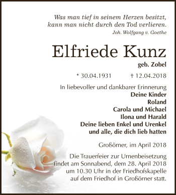 Traueranzeige von Elfriede Kunz von Super Sonntag SGH Mansf. Land