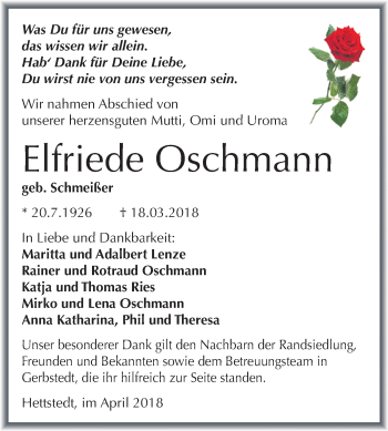 Traueranzeige von Elfriede Oschmann von Mitteldeutsche Zeitung