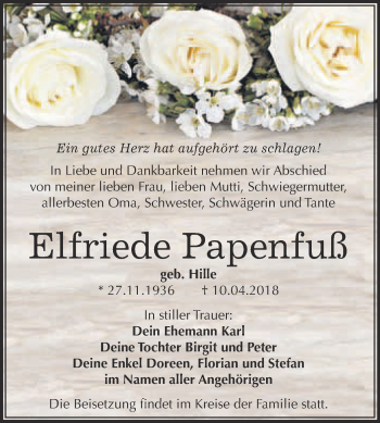 Traueranzeige von Elfriede Papenfuß von WVG - Wochenspiegel Wittenberg