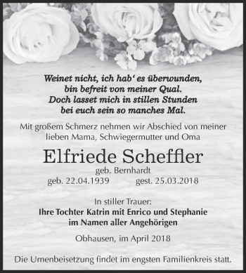 Traueranzeige von Elfriede Scheffler von WVG - Wochenspiegel NMB / WSF / ZTZ