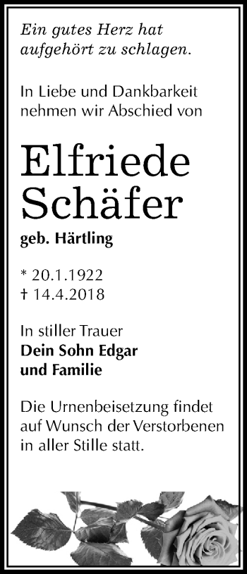 Traueranzeige von Elfriede Schäfer von Mitteldeutsche Zeitung Köthen