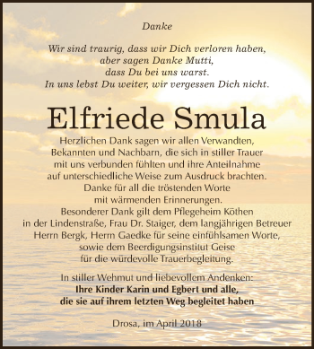 Traueranzeige von Elfriede Smula von WVG - Wochenspiegel Dessau / Köthen