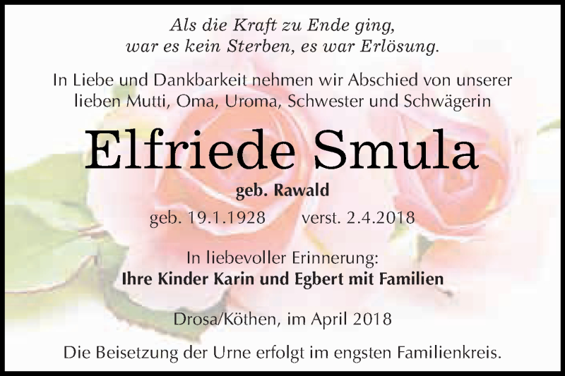  Traueranzeige für Elfriede Smula vom 07.04.2018 aus WVG - Wochenspiegel Dessau / Köthen