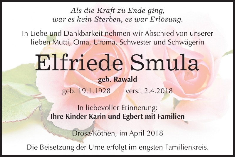 Traueranzeige für Elfriede Smula vom 07.04.2018 aus Mitteldeutsche Zeitung Köthen