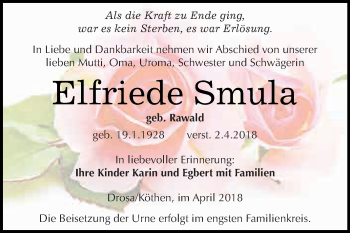 Traueranzeige von Elfriede Smula von WVG - Wochenspiegel Dessau / Köthen