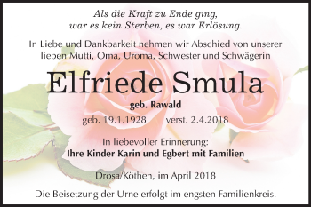 Traueranzeige von Elfriede Smula von Mitteldeutsche Zeitung Köthen