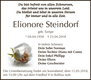 Traueranzeige von Elionore Steindorf von WVG - Wochenspiegel Dessau / Köthen