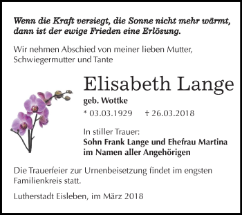 Traueranzeige von Elisabeth Lange von Mitteldeutsche Zeitung
