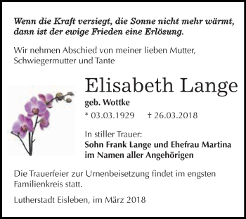 Traueranzeige von Elisabeth Lange von Super Sonntag SGH Mansf. Land