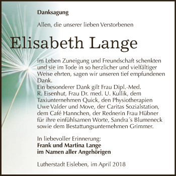 Traueranzeige von Elisabeth Lange von Super Sonntag SGH Mansf. Land