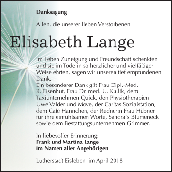 Traueranzeige von Elisabeth Lange von Mitteldeutsche Zeitung