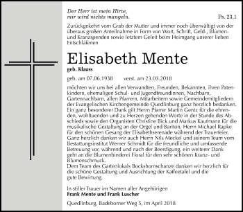 Traueranzeige von Elisabeth Mente von WVG - Wochenspiegel Quedlinburg