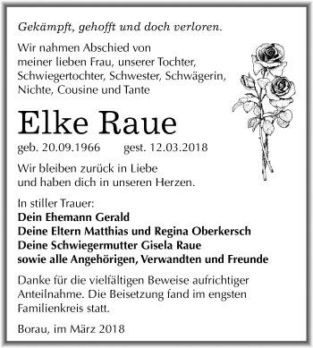 Traueranzeige von Elke Raue von Mitteldeutsche Zeitung Weißenfels