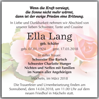 Traueranzeige von Ella Lang von Mitteldeutsche Zeitung Merseburg/Querfurt