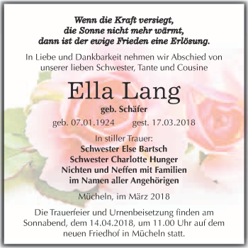 Traueranzeige von Ella Lang von WVG - Wochenspiegel Merseburg
