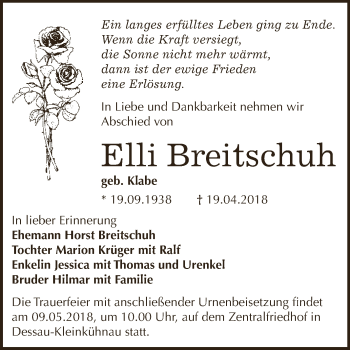 Traueranzeige von Elli Breitschuh von WVG - Wochenspiegel Dessau / Köthen