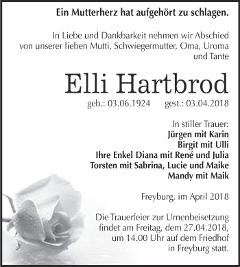 Traueranzeige von Elli Hartbrod von WVG - Wochenspiegel NMB / WSF / ZTZ