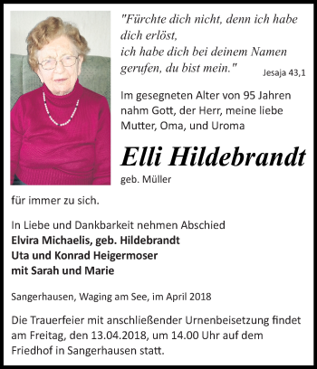 Traueranzeige von Elli Hildebrandt von Super Sonntag SGH Mansf. Land