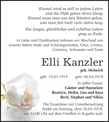 Traueranzeige von Elli Kanzler von Mitteldeutsche Zeitung Bitterfeld