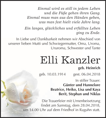 Traueranzeige von Elli Kanzler von WVG - Wochenspiegel Bitterfeld