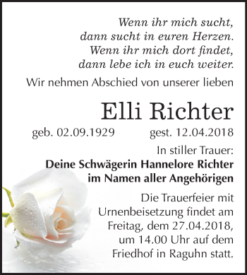 Traueranzeige von Elli Richter von Mitteldeutsche Zeitung Bitterfeld
