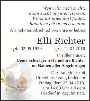 Traueranzeige von Elli Richter von WVG - Wochenspiegel Bitterfeld