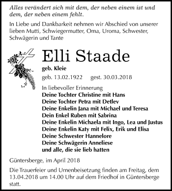 Traueranzeige von Elli Staade von Mitteldeutsche Zeitung Quedlinburg