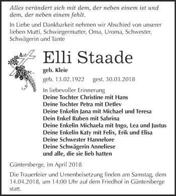 Traueranzeige von Elli Staade von Super Sonntag Quedlinburg