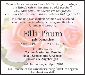 Traueranzeige von Elli Thum von Super Sonntag Merseburg