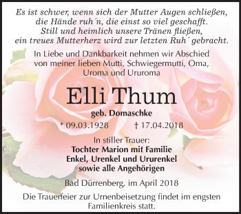 Traueranzeige von Elli Thum von Mitteldeutsche Zeitung Merseburg/Querfurt