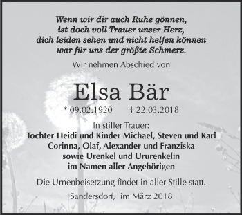 Traueranzeige von Elsa Bär von WVG - Wochenspiegel Bitterfeld