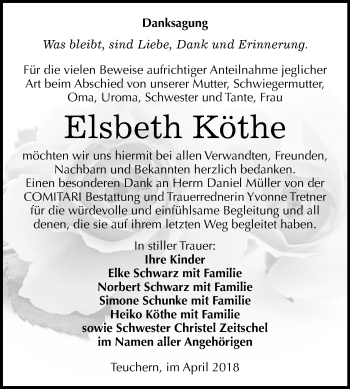 Traueranzeige von Elsbeth Köthe von Mitteldeutsche Zeitung Weißenfels
