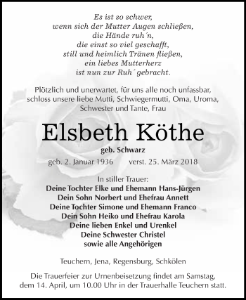 Traueranzeige von Elsbeth Köthe von WVG - Wochenspiegel NMB / WSF / ZTZ
