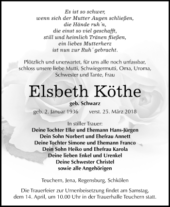 Traueranzeige von Elsbeth Köthe von Mitteldeutsche Zeitung Weißenfels