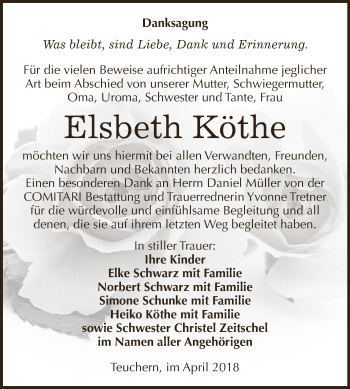 Traueranzeige von Elsbeth Köthe von WVG - Wochenspiegel NMB / WSF / ZTZ