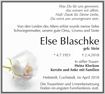 Traueranzeige von Else Blaschke von Wochenspiegel Mansfelder Land