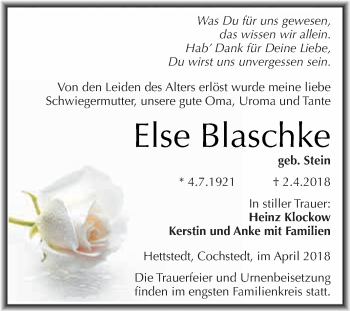 Traueranzeige von Else Blaschke von Super Sonntag Aschersleben