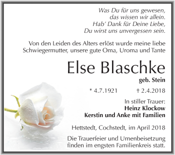 Traueranzeige von Else Blaschke von Mitteldeutsche Zeitung