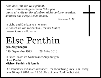Traueranzeige von Else Penthin von Mitteldeutsche Zeitung Halle/Saalkreis