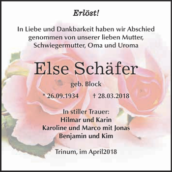 Traueranzeige von Else Schäfer von WVG - Wochenspiegel Dessau / Köthen