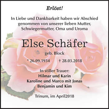 Traueranzeige von Else Schäfer von Mitteldeutsche Zeitung Köthen