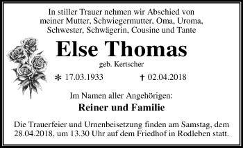 Traueranzeige von Else Thomas von Mitteldeutsche Zeitung Dessau-Roßlau