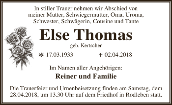 Traueranzeige von Else Thomas von WVG - Wochenspiegel Dessau / Köthen